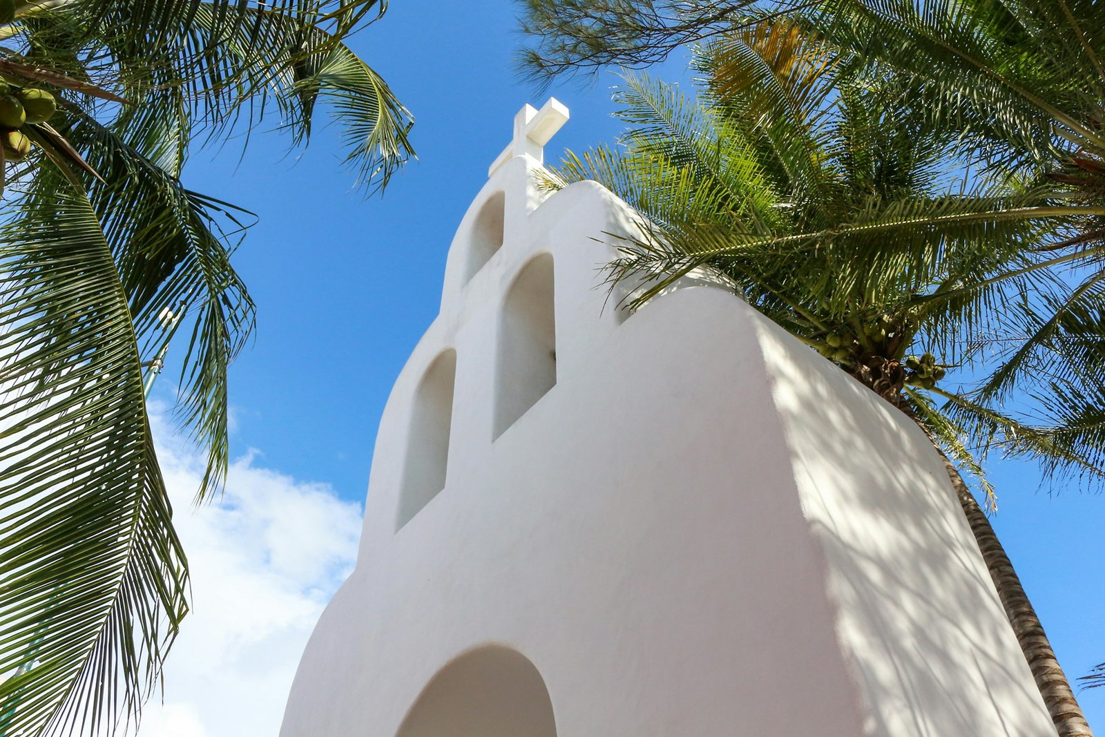 Low angle shot of the Chapel of Our Lady of Carmen in Playa del Carmen, Mexico.